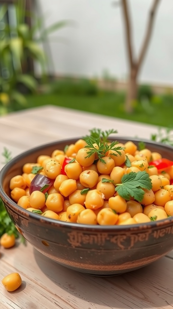 A bowl of chickpea salad with colorful vegetables and herbs.