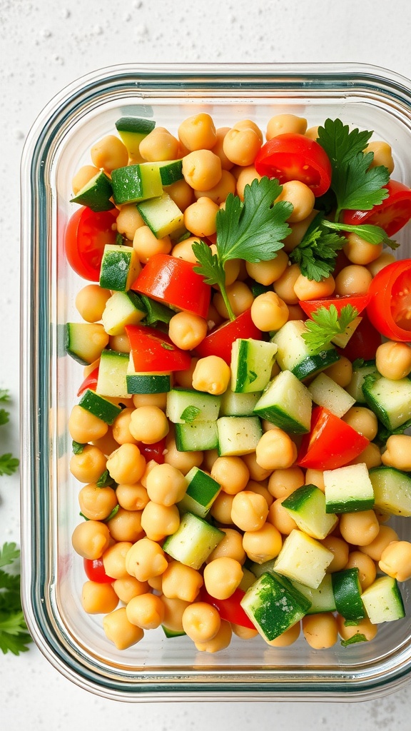 A colorful chickpea salad with cucumbers, cherry tomatoes, and parsley in a glass container.