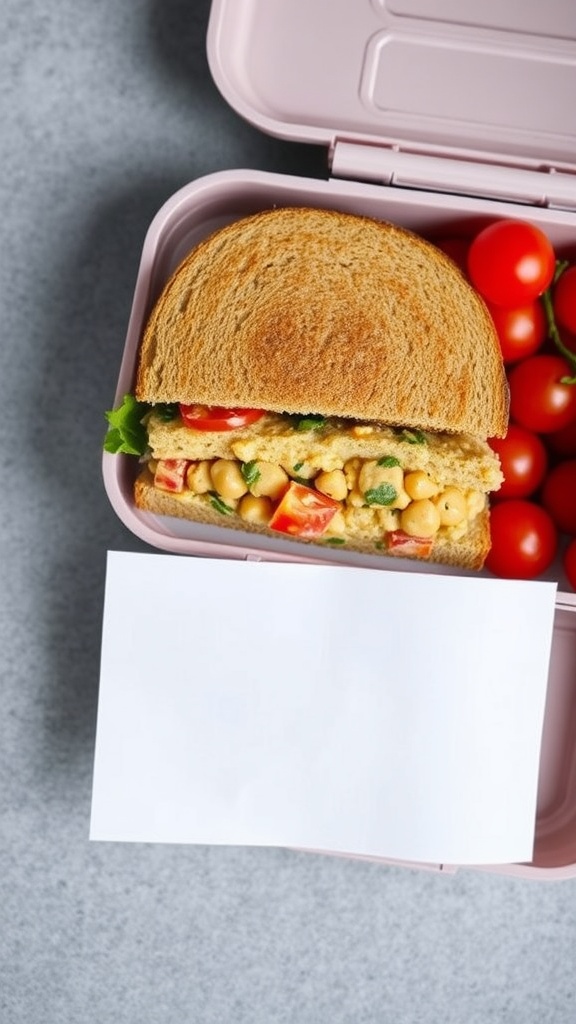 A wholesome chickpea salad sandwich in a lunchbox with cherry tomatoes on the side.