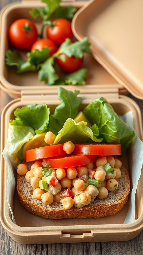 Chickpea salad sandwich with fresh vegetables in a lunchbox