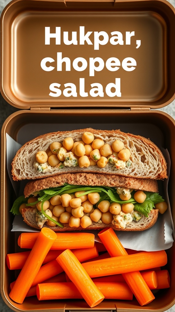 A lunchbox containing a chickpea salad sandwich and carrot sticks.
