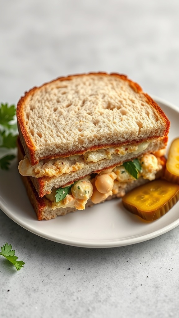 Chickpea salad sandwich with whole grain bread and pickles on the side.