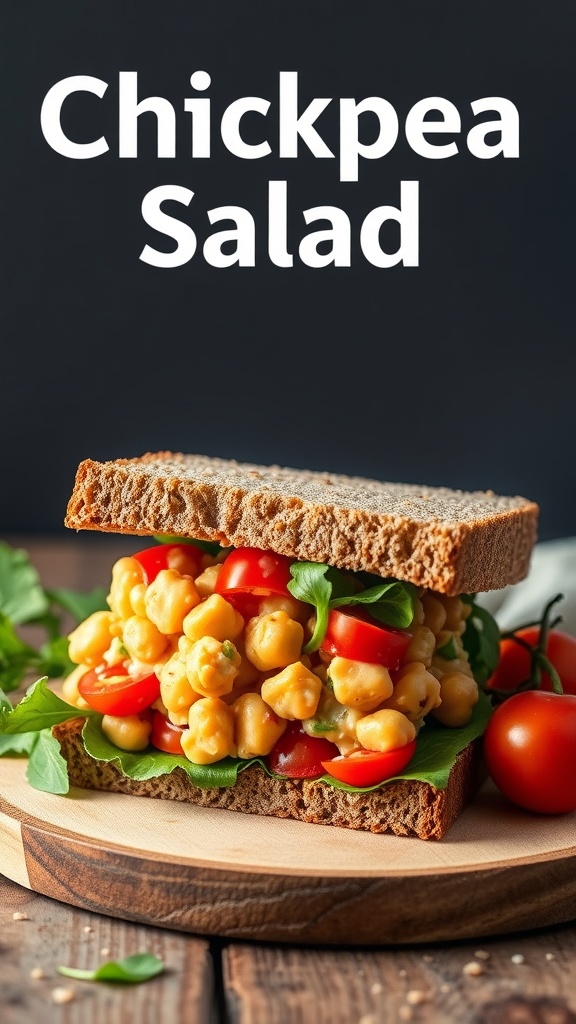 Chickpea salad sandwich with tomatoes and greens on whole grain bread.