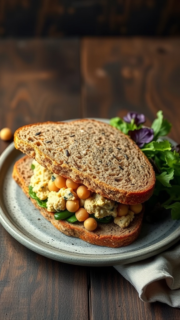 Chickpea salad sandwich on whole grain bread with greens on a plate.