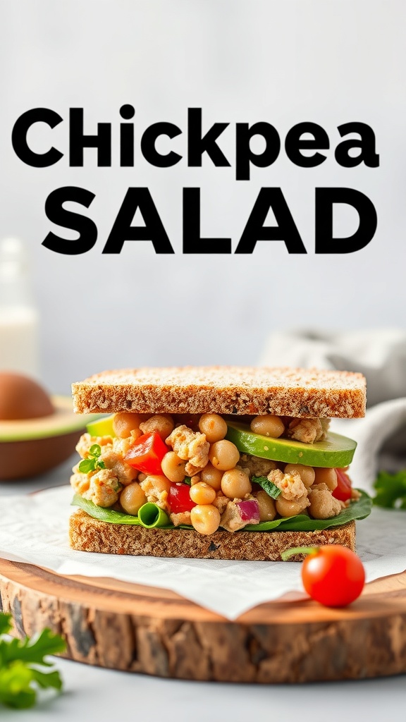 Chickpea salad sandwich with avocado on whole grain bread, garnished with fresh vegetables.
