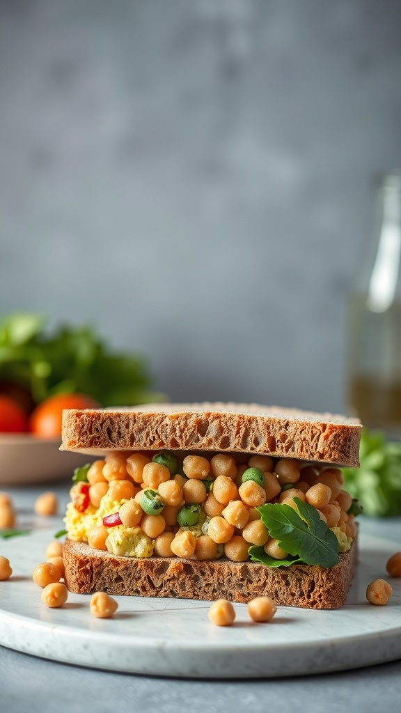 Chickpea salad sandwich made with whole grain bread, filled with mashed chickpeas and fresh vegetables.