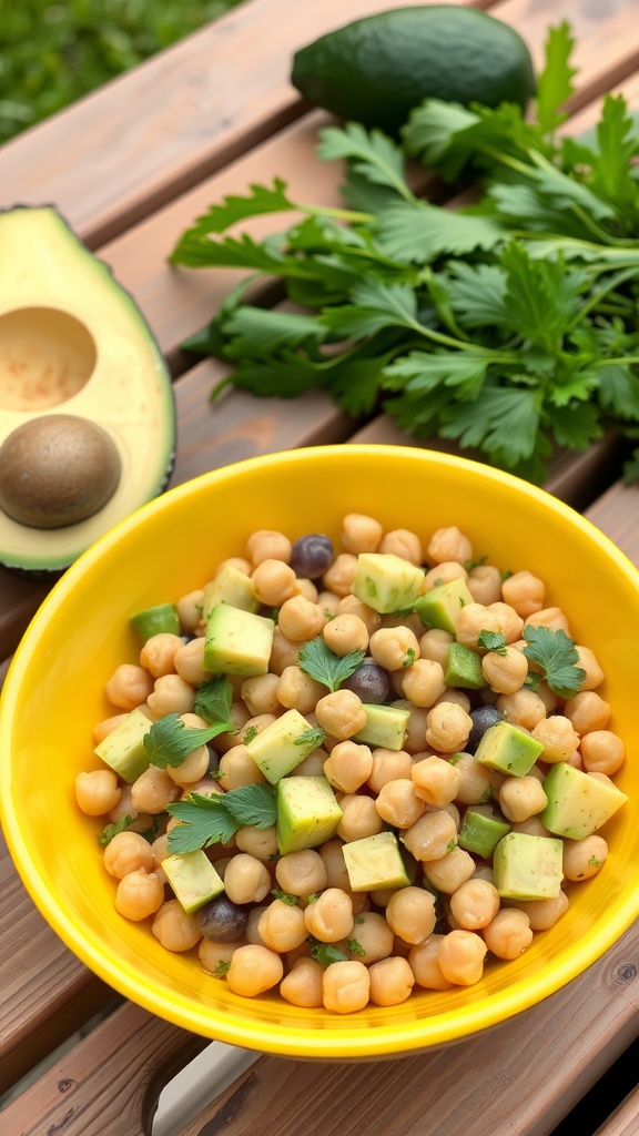 A vibrant chickpea salad with avocado, cucumber, and bell pepper in a yellow bowl.