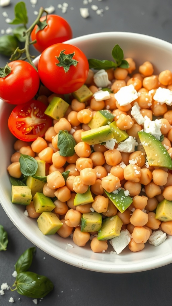 A fresh chickpea salad with avocado, tomatoes, and basil in a white bowl.