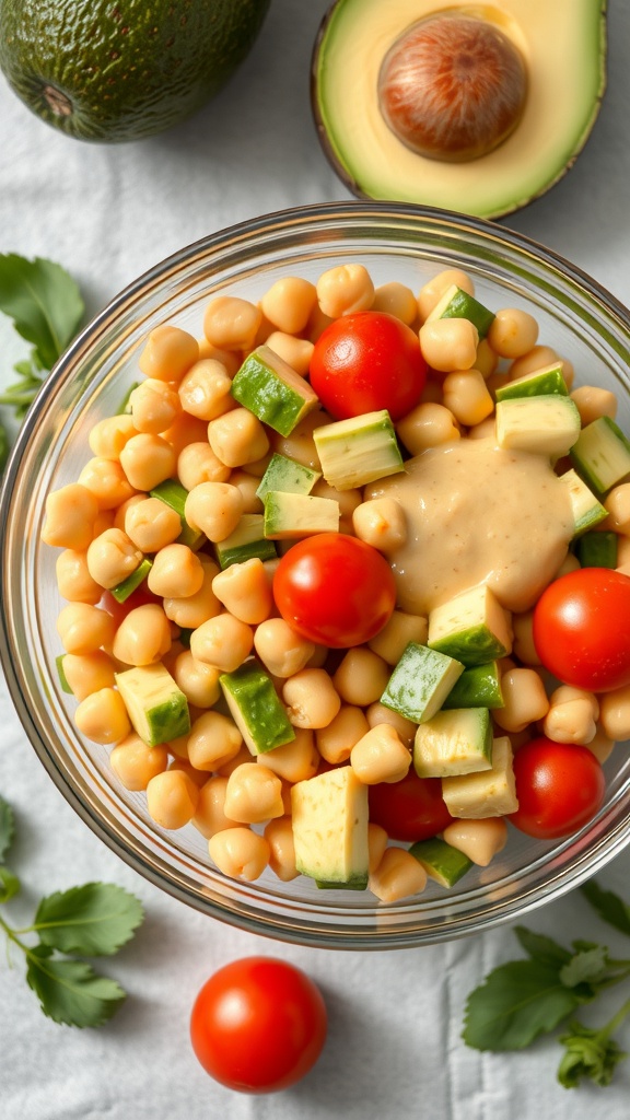 A colorful chickpea salad with avocado, cherry tomatoes, and cucumber in a bowl.