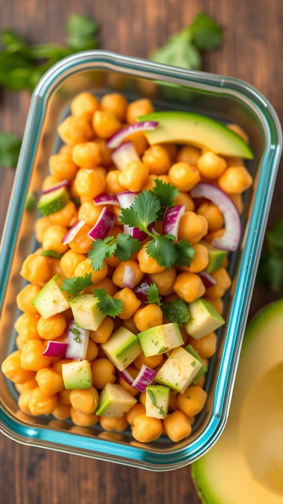 Chickpea salad with avocado, apples, and cilantro in a glass container
