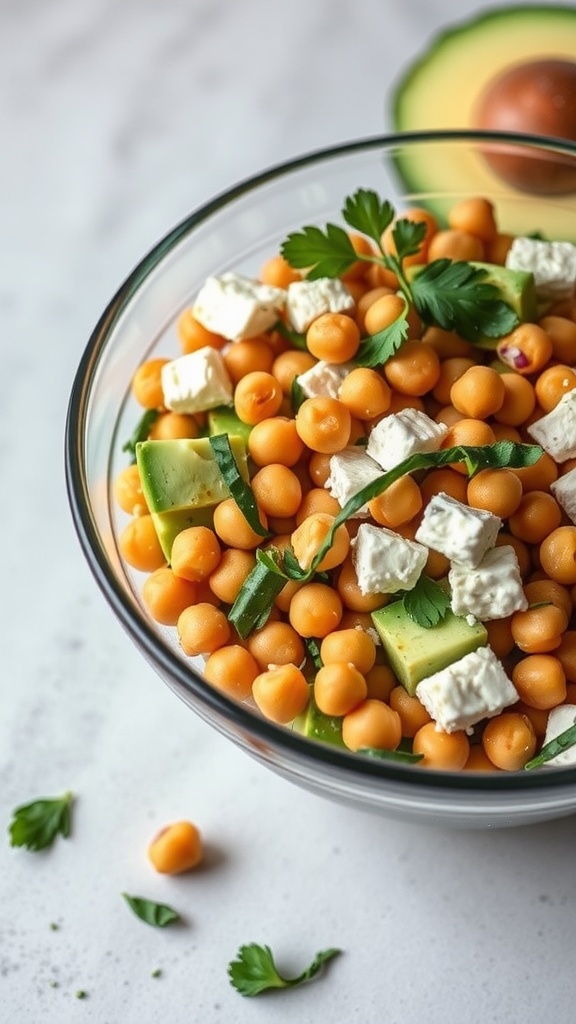 Chickpea salad featuring avocado and feta cheese.