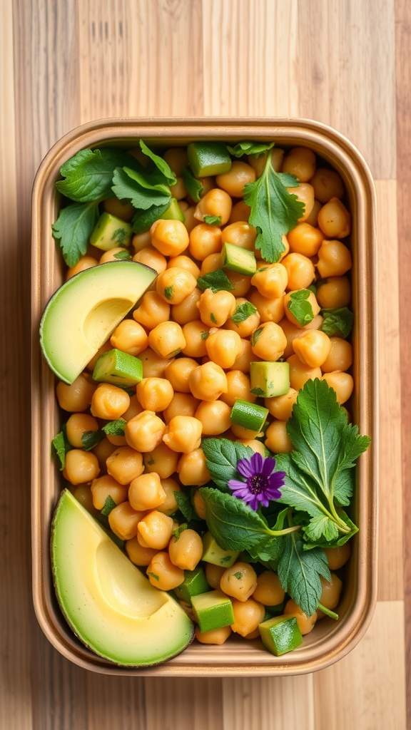A container of chickpea salad with avocado, lime, and green vegetables.