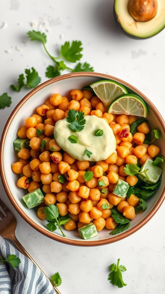 Chickpea salad with avocado dressing, garnished with fresh cilantro and lime.