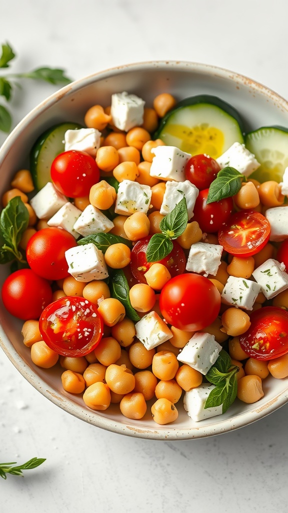 Chickpea salad with feta, tomatoes, and cucumber in a bowl