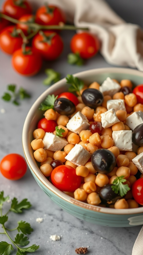 A colorful chickpea salad with feta, cherry tomatoes, and olives in a bowl, garnished with parsley.