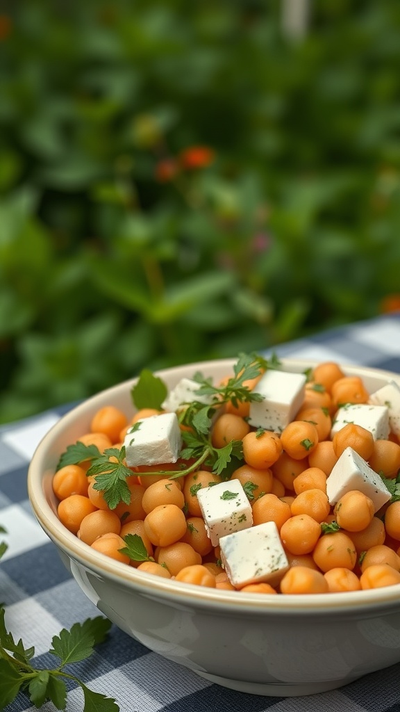 A bowl of chickpea salad with feta cheese and fresh herbs on a checkered tablecloth.