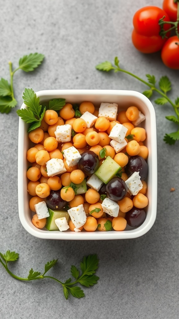 Chickpea salad with feta cheese, cucumbers, and olives in a white bowl