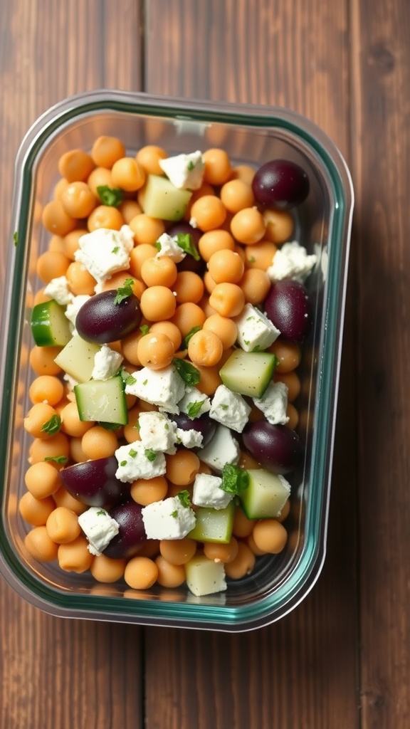 A colorful chickpea salad with feta cheese, cucumbers, and olives in a glass container.