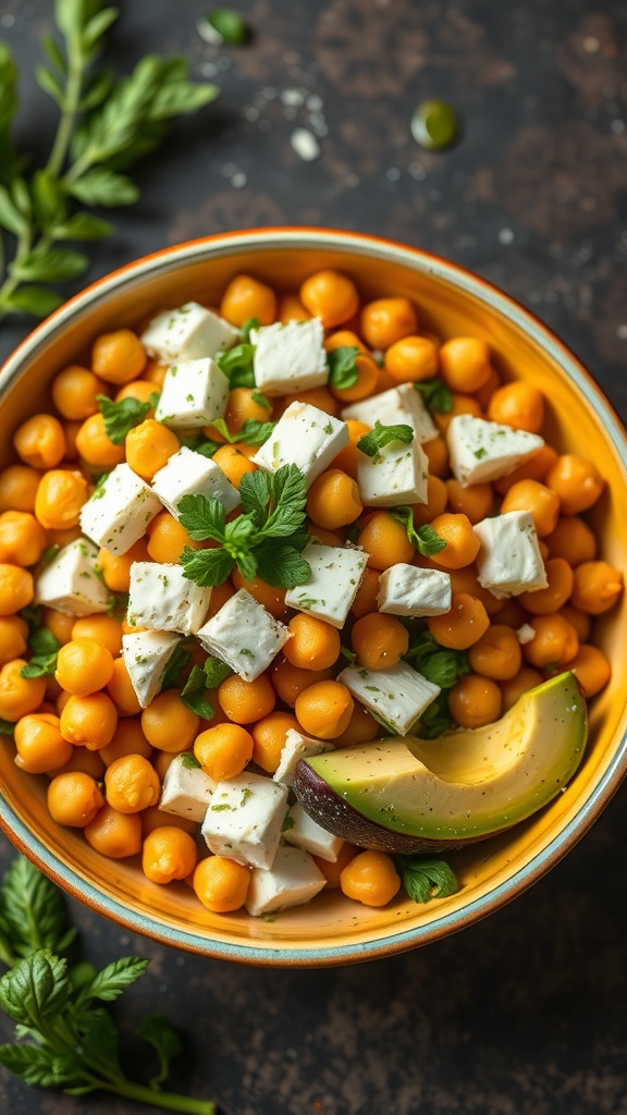 A vibrant bowl of chickpea salad with feta cheese, avocado, and fresh herbs.