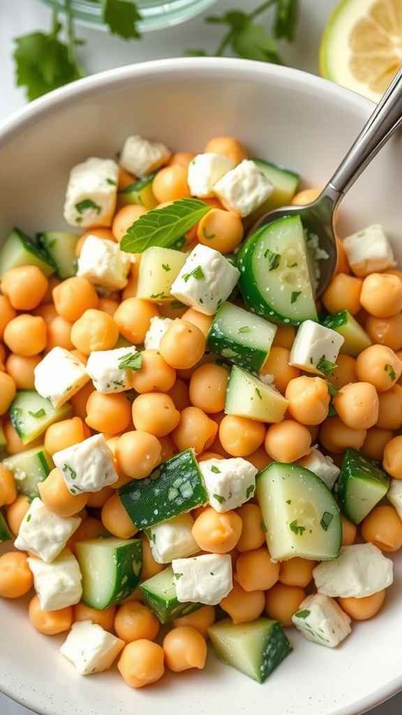 A bowl of chickpea salad with feta cheese and cucumber, garnished with fresh herbs.