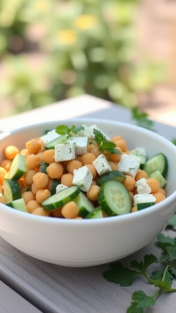 A bowl of chickpea salad with feta and cucumbers.