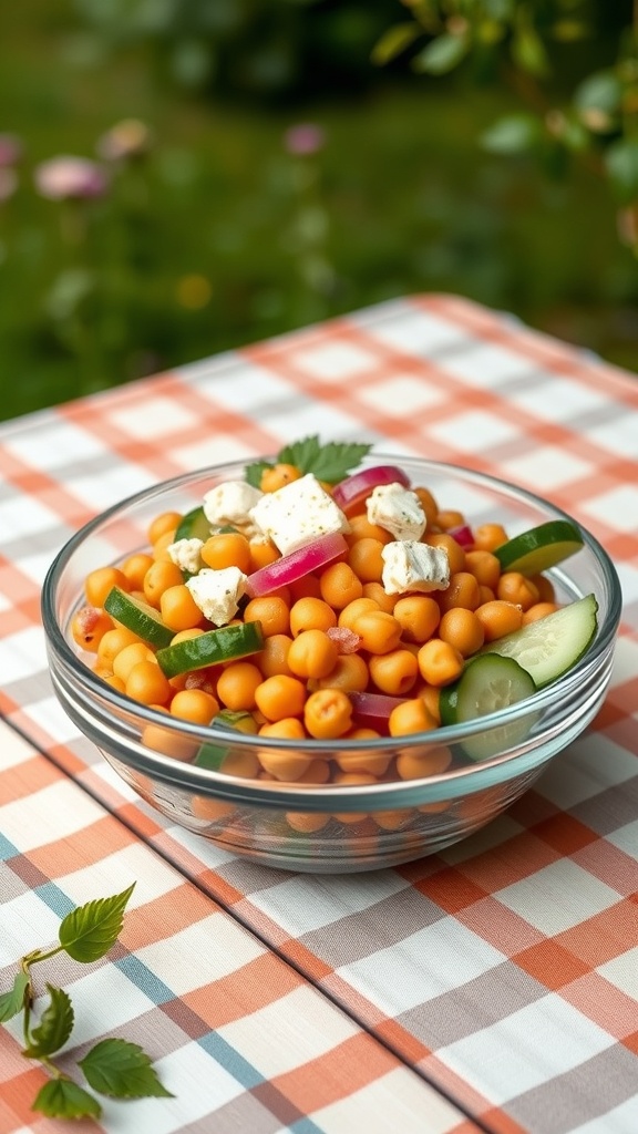 A bowl of chickpea salad with feta and cucumbers on a checkered tablecloth