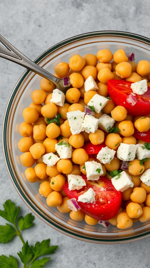 Chickpea salad with feta cheese and tomatoes in a glass bowl