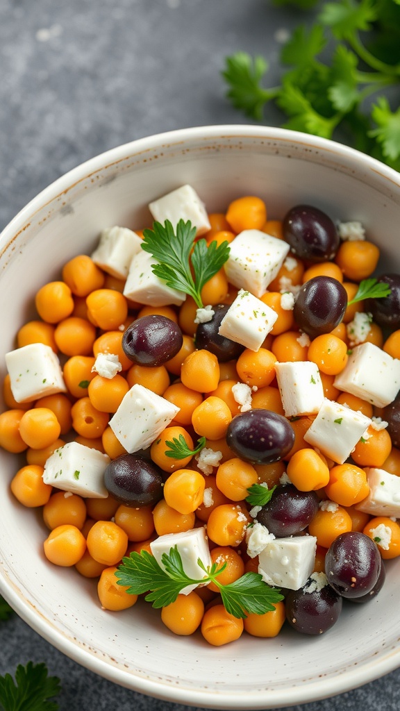 Chickpea salad with feta and olives in a bowl