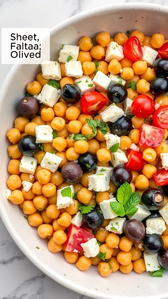 Chickpea salad with feta cheese, olives, and cherry tomatoes in a bowl.