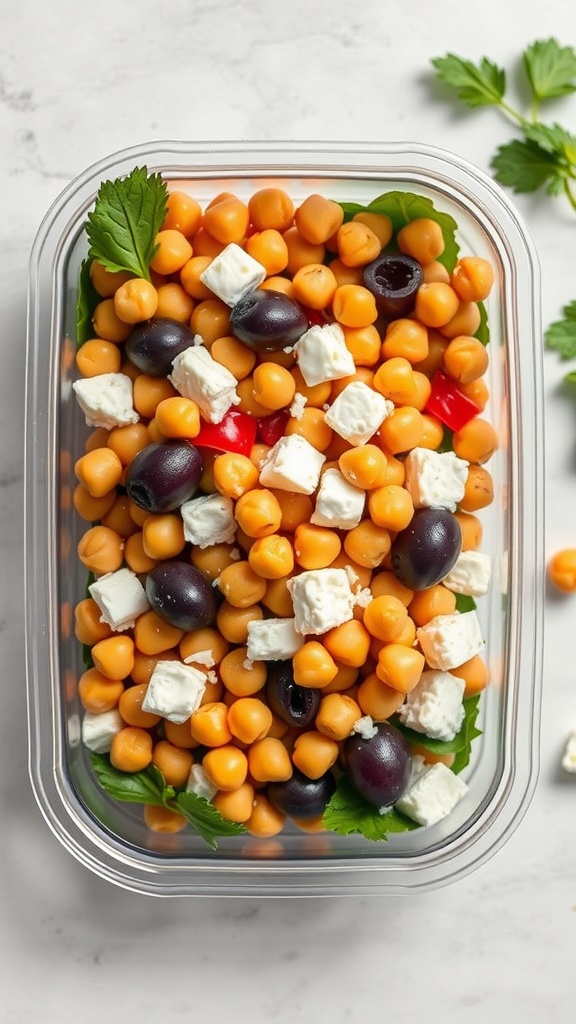 A colorful chickpea salad with feta cheese and olives in a clear container, garnished with fresh herbs.