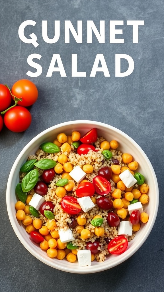 Chickpea salad with feta and quinoa in a bowl, garnished with cherry tomatoes and basil.