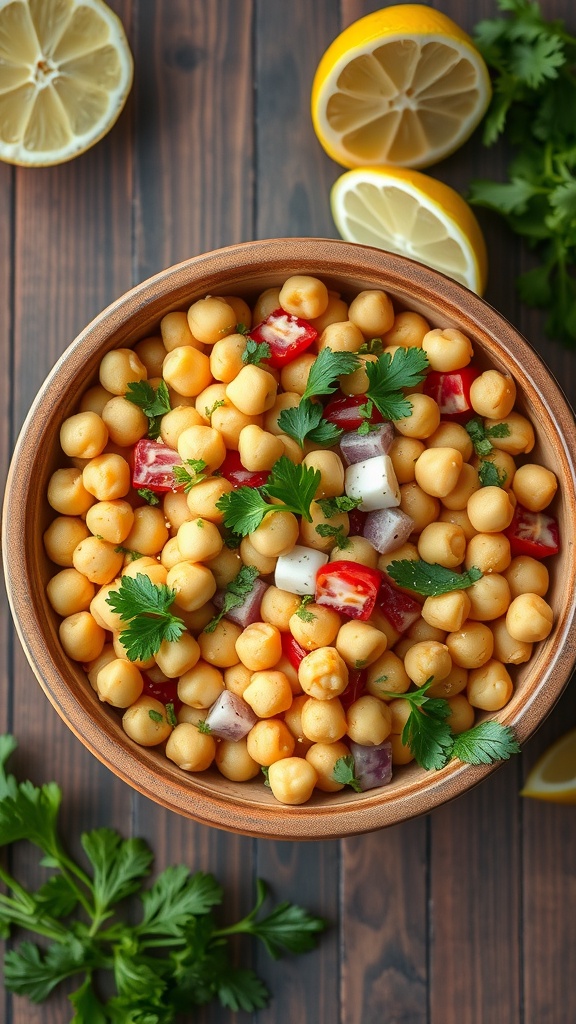Chickpea salad with lemon and parsley in a wooden bowl, surrounded by lemon halves and fresh parsley.