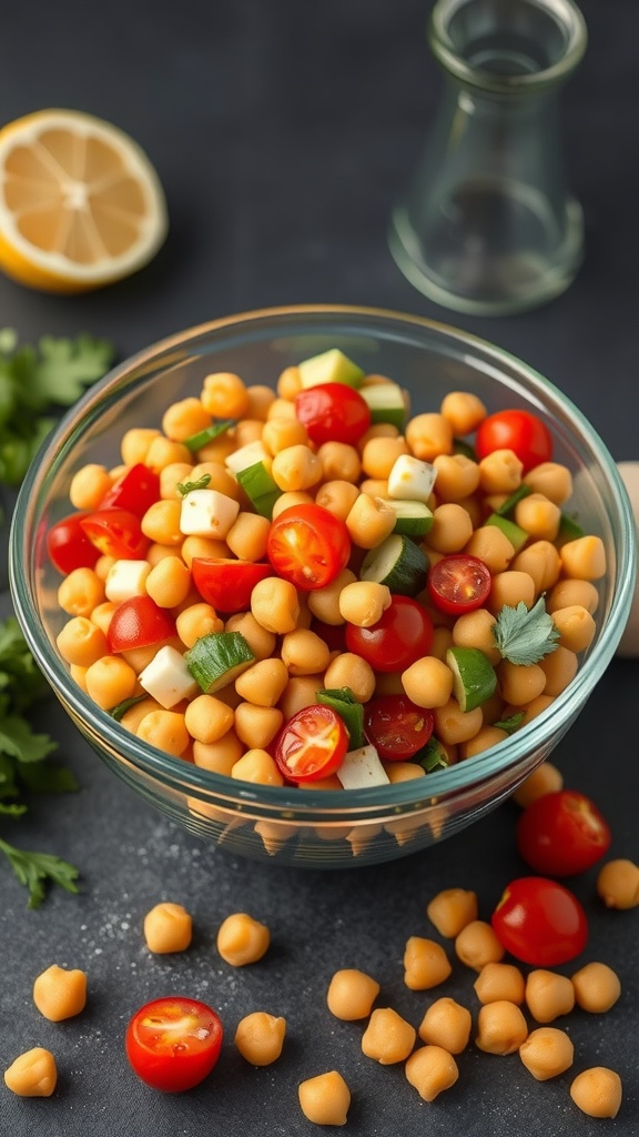 A vibrant chickpea salad with cherry tomatoes, cucumber, and lemon dressing in a glass bowl.