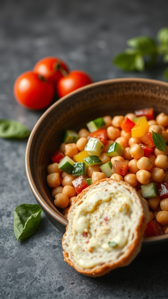 Chickpea salad with colorful vegetables and lemon dressing in a bowl.