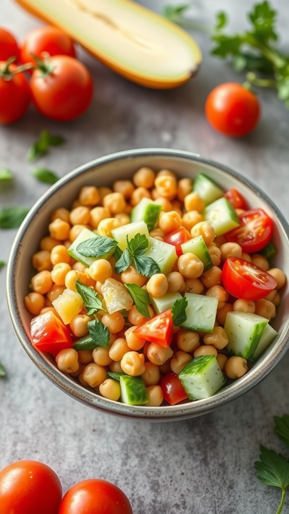 Chickpea salad with cucumbers and tomatoes in a bowl