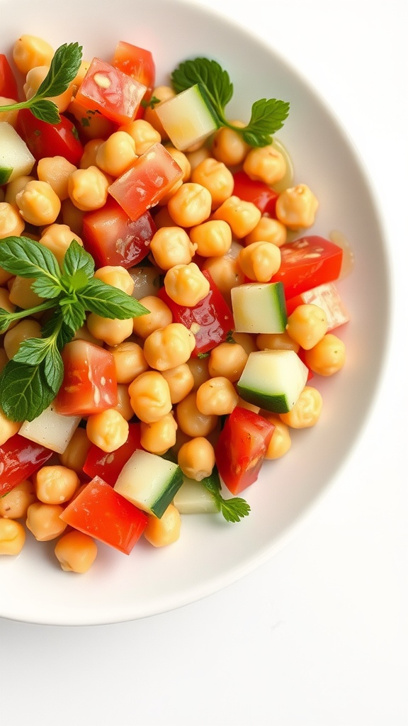 A vibrant chickpea salad with tomatoes, cucumbers, and fresh herbs.