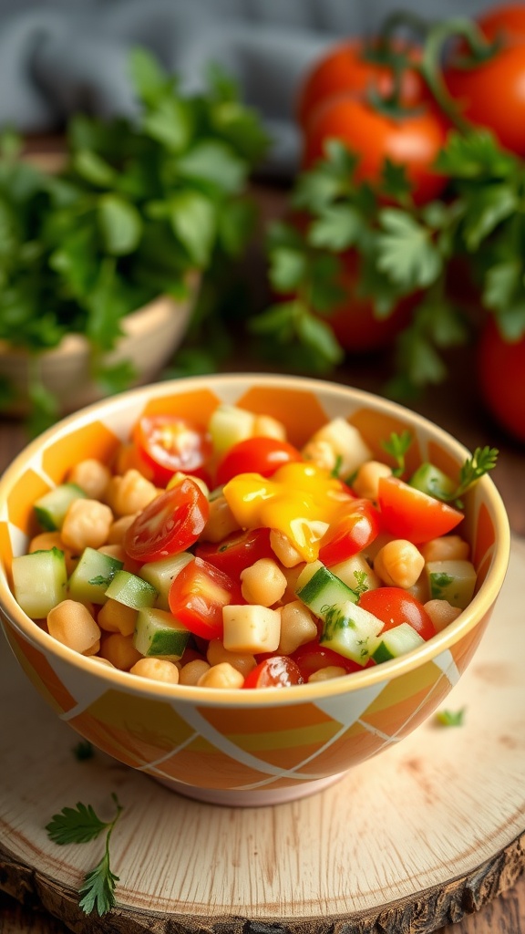 Chickpea salad with tomatoes, cucumbers, and lemon dressing in a colorful bowl