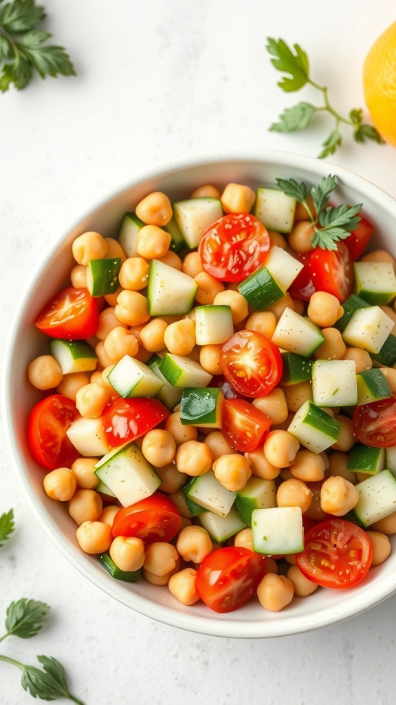 Chickpea salad with diced cucumbers and cherry tomatoes in a bowl, garnished with parsley and a lemon.