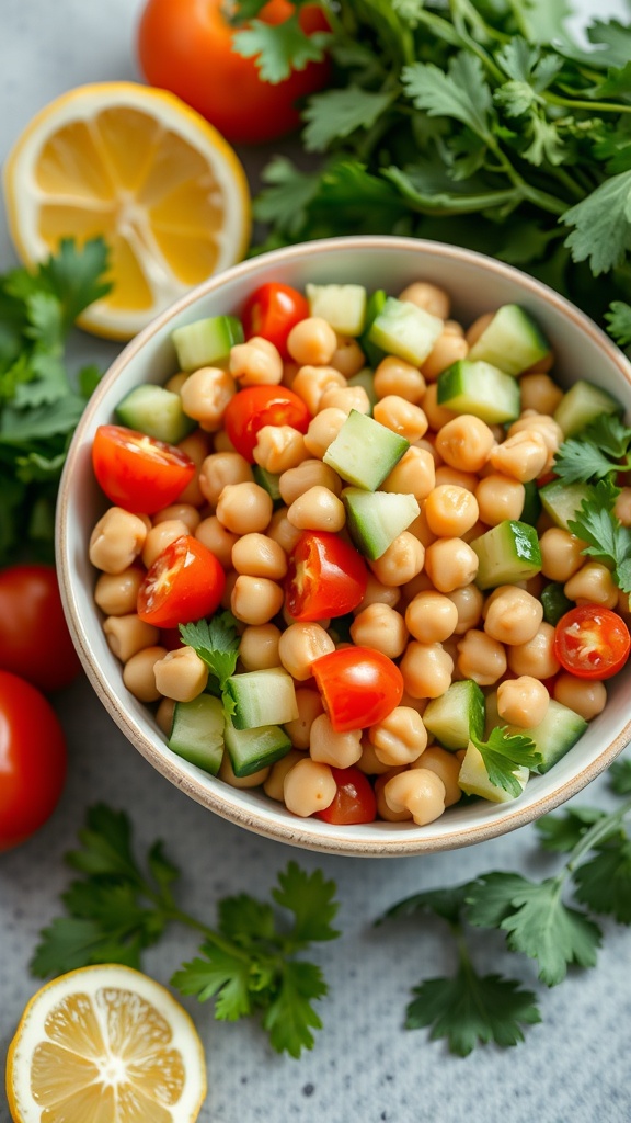 A bowl of chickpea salad with tomatoes, cucumbers, and lemon on the side.