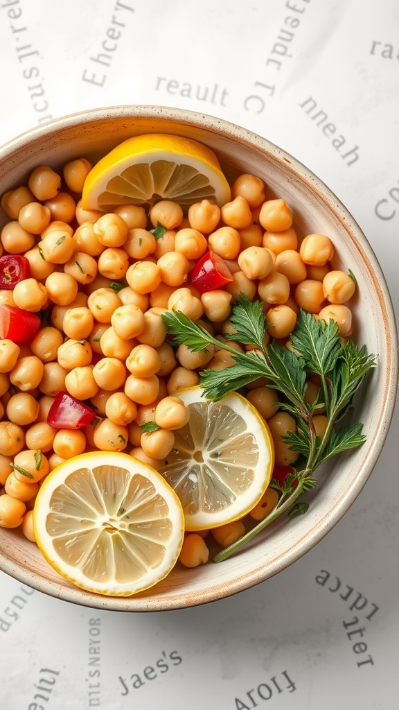 A bowl of chickpea salad with lemon slices and parsley