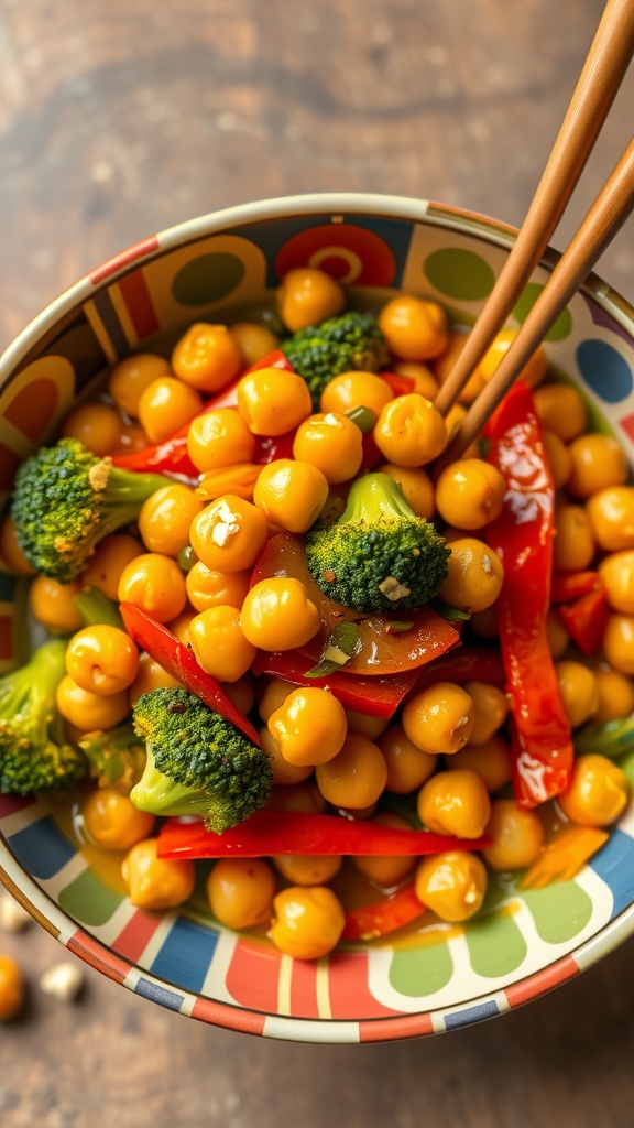 Chickpea stir-fry with bell peppers and broccoli in a colorful bowl.