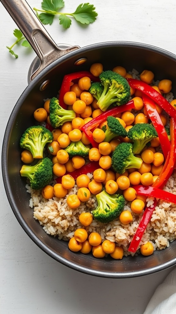 Chickpea stir-fry with broccoli and red bell pepper in a skillet
