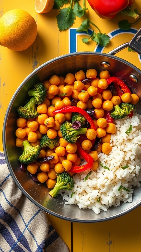 Chickpea stir-fry with broccoli and bell peppers served with rice.