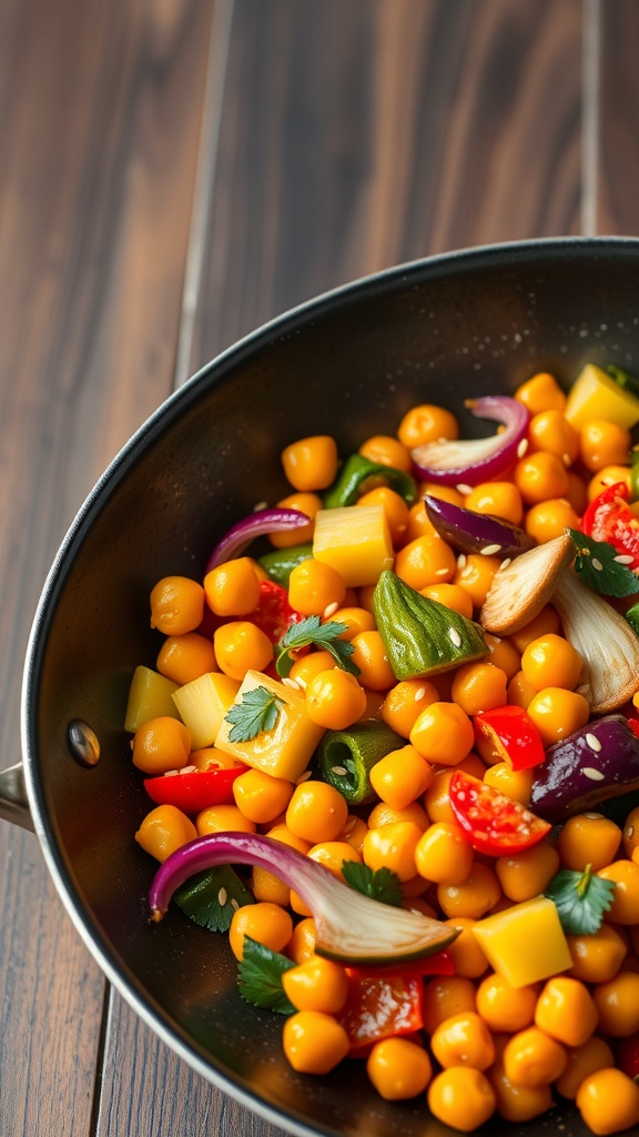 A colorful chickpea stir-fry with seasonal vegetables in a skillet.