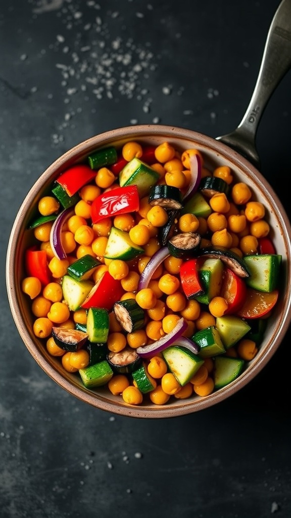 Chickpea stir-fry with colorful vegetables in a bowl