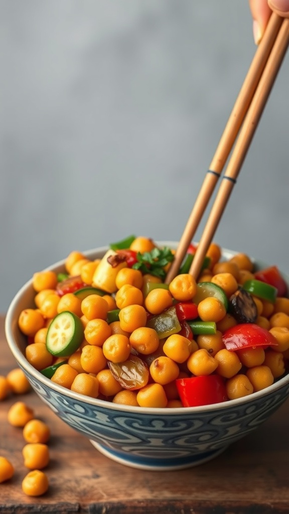A colorful bowl of chickpea stir-fry with various vegetables, garnished with chopsticks