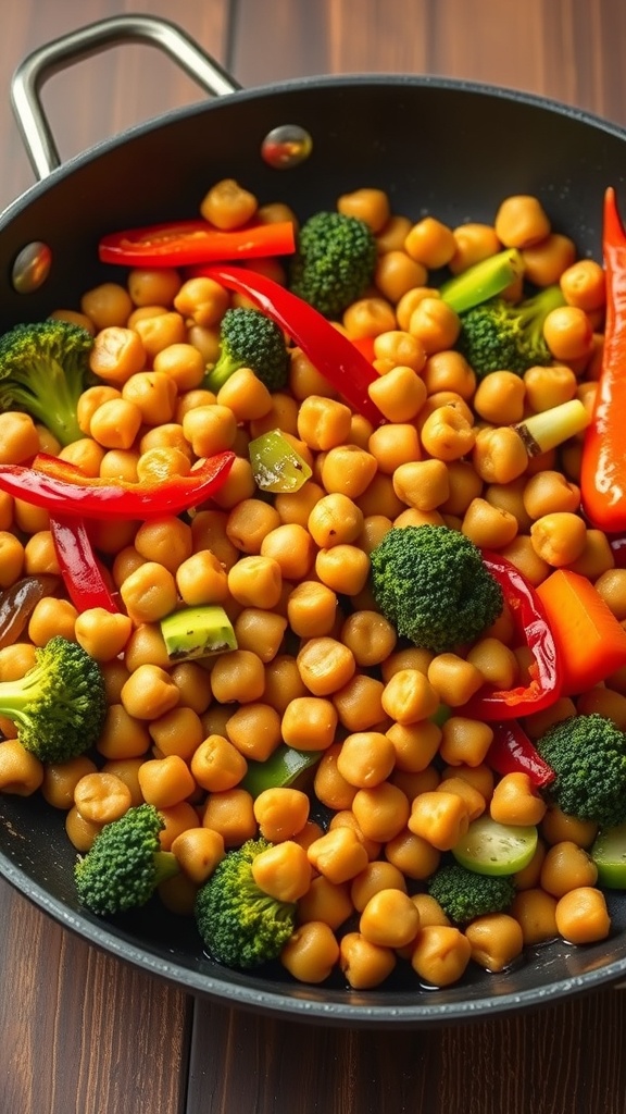 A colorful chickpea stir-fry with broccoli and bell peppers in a skillet.
