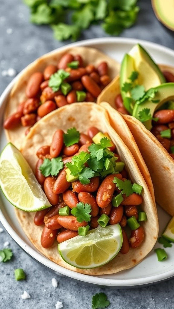 A plate of chili bean tacos with lime wedges and fresh cilantro.