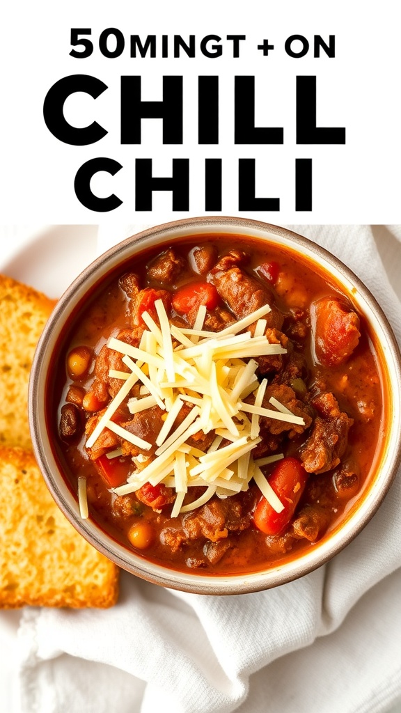 A bowl of chili con carne topped with cheese and served with bread.
