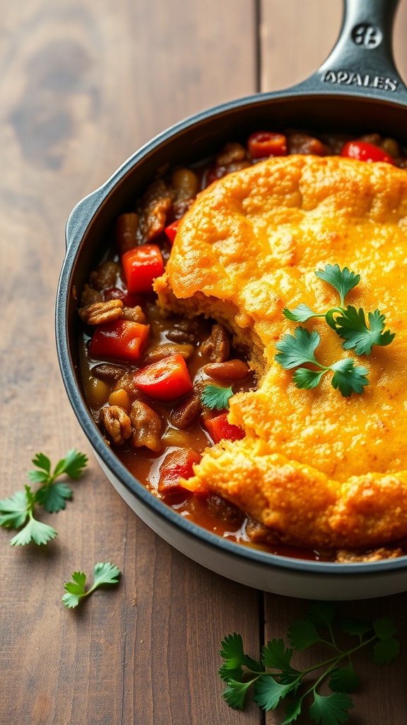 A skillet of chili con carne topped with cornbread, garnished with cilantro.